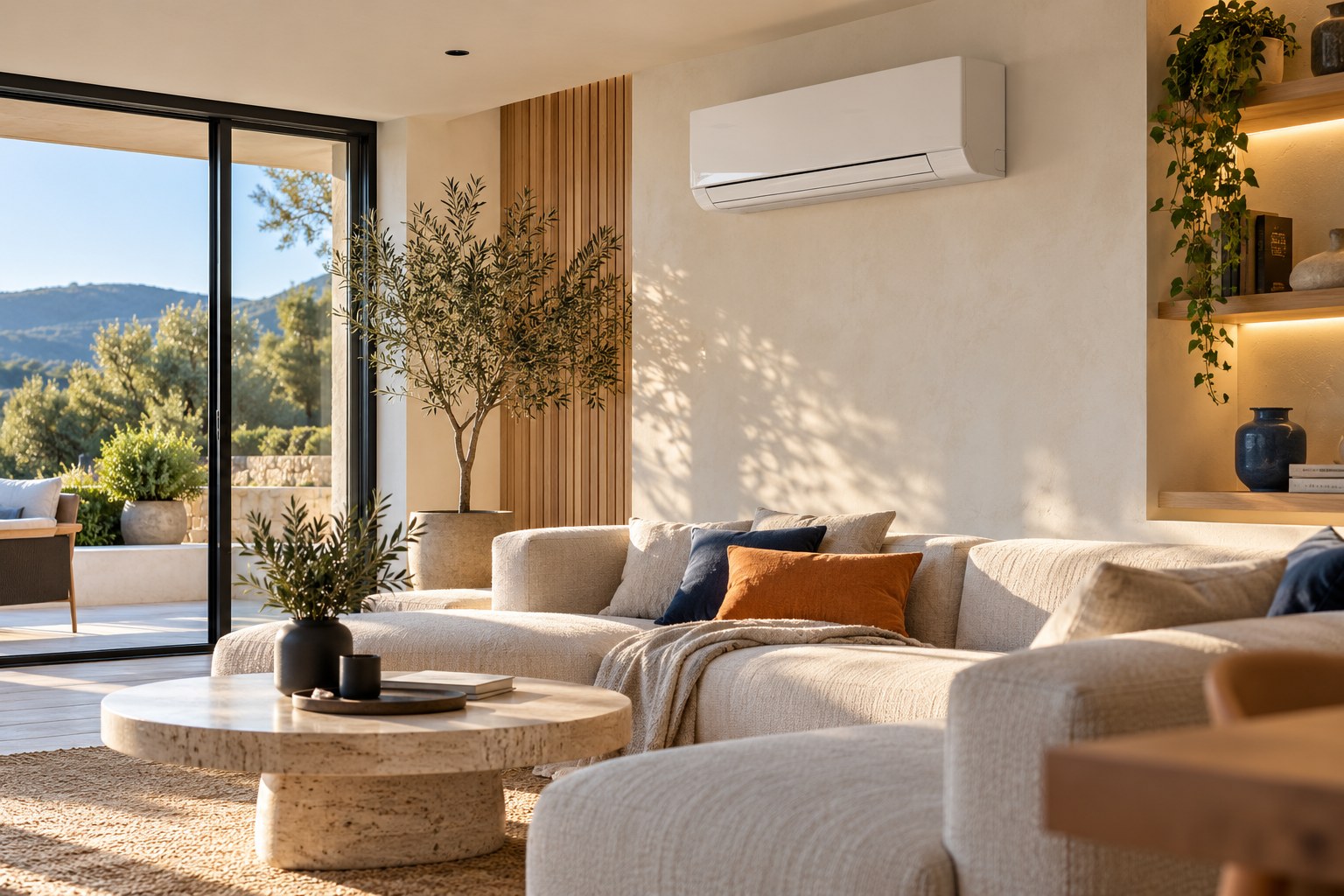 Salon contemporain lumineux équipé d’une climatisation murale